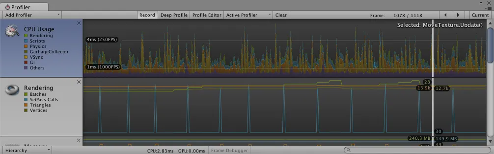 Resource allocation in Unity's profiler.